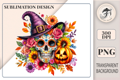 Bright sugar skull Halloween clipart with witch hat, pumpkins &amp; flowers. Perfect PNG for invitations, crafts &amp; sublimation.