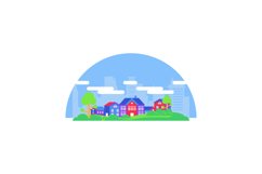 Colorful village skyline with modern building illustration Product Image 1