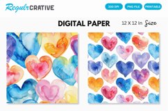 Colorful Watercolor Hearts Digital Paper, Hearts Pattern Product Image 1