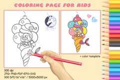 Cute Mermaid with ice cream coloring page for kids Product Image 1