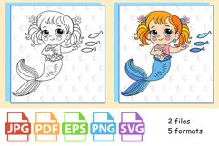 Cute mermaid feeds the fishes coloring page for kids Product Image 2