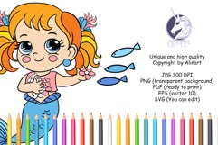 Cute mermaid feeds the fishes coloring page for kids Product Image 3