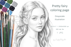 Beautiful fairy coloring page, Girl with long hair portrait Product Image 1