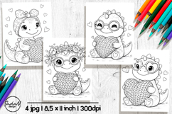 Cute Dinosaur Valentine Coloring Pages, Kawaii Coloring Page Product Image 1