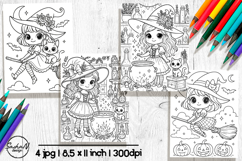 Cute Halloween coloring pages, Cute witch clipart Product Image 1