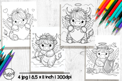 Cute highland cow Valentines coloring pages for kids Product Image 1