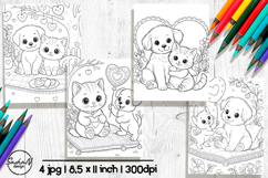 Puppy and Kitten Valentine Coloring Pages, Cute Animal Love Product Image 1