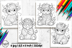 Cute Highland Cow Valentine Coloring Pages Product Image 1