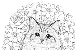 Cat coloring page for adults. Adult coloring page flowers Product Image 4