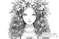 Vintage Christmas Girl Coloring Page. Adult Coloring Page. Product Image 1