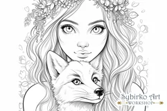 Floral Foxy Girl and Fox coloring page. Adult colouring page Product Image 2