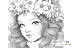 Winter Floral Girl Coloring Page. Adult Coloring Page. Product Image 1