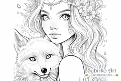 Wild Foxy Girl and Fox coloring page. Adult colouring page. Product Image 2