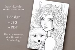 Wild Foxy Girl and Fox coloring page. Adult colouring page. Product Image 1