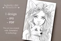 Floral Foxy Girl and Fox coloring page. Adult colouring page Product Image 1