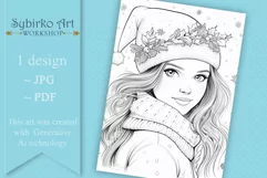 Cute Winter Girl. Christmas Coloring. Adult Coloring Page. Product Image 3
