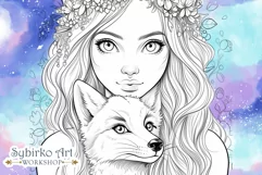 Floral Foxy Girl and Fox coloring page. Adult colouring page Product Image 3
