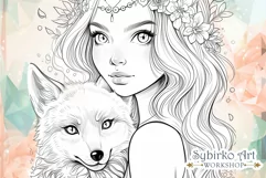Wild Foxy Girl and Fox coloring page. Adult colouring page. Product Image 3