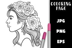 Pretty Girl with Flower Hair Coloring Page - Profile View Product Image 1