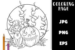 Halloween Pumpkin & Cat in Witch Hat - Coloring Page Product Image 1