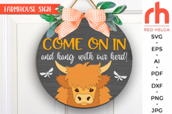 come on in and hang with our herd svg, ranch cow sign svg, farm hanger svg, welcome door sign svg, farmhouse sign dxf, round hanging sign svg, laser cut file, layered sign svg, western sign svg, highland cow svg, countryside sign svg, glowforge cut file