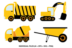 Construction party clipart set with yellow trucks and building vehicles for kids birthday designs