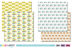 Digital papers with cute construction vehicles, hard hats, soil piles, and recycling trucks in pastel tones.