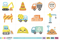 Set of adorable kawaii construction vehicles and tools, including cranes, trucks, and safety signs for crafting.