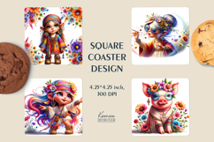 Vintage Gnome||Hippie Girl| Summer Square Coaster Product Image 1