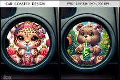 Leopard and Bear with Bubble Tea |Cartoon Animal Car Coaster Product Image 1