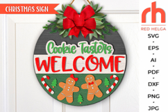 cookie tasters welcome svg, christmas hanger svg, xmas door sign svg, laser cut file, layered xmas sign svg, welcome sign svg, gingerbread svg, winter sign svg, christmas candy svg, christmas tree svg, round hanging sign, glowforge cut file