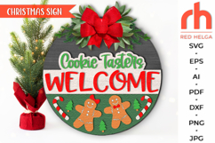 cookie tasters welcome svg, christmas hanger svg, xmas door sign svg, laser cut file, layered xmas sign svg, welcome sign svg, gingerbread svg, winter sign svg, christmas candy svg, christmas tree svg, round hanging sign, glowforge cut file