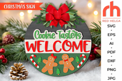 cookie tasters welcome svg, christmas hanger svg, xmas door sign svg, laser cut file, layered xmas sign svg, welcome sign svg, gingerbread svg, winter sign svg, christmas candy svg, christmas tree svg, round hanging sign, glowforge cut file