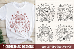 White Christmas t shirt with cool line art Santa blowing bubble gum and peace sign plus preview of four Santa SVG designs.