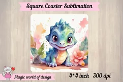 Dinosaur and flowers png, square coaster sublimation png Product Image 3