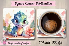 Dinosaur and flowers png, square coaster sublimation png Product Image 1