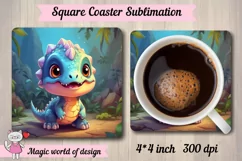 Cute baby dinosaur png, square coaster sublimation png Product Image 1