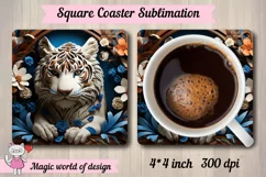 Square coaster 3D Tiger with flowers , sublimation Png Product Image 1