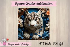 Square coaster 3D Tiger with flowers , sublimation Png Product Image 3
