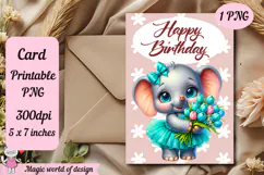 Birthday Printable card png, elephant With Flowers Product Image 2