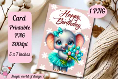 Birthday Printable card png, elephant With Flowers Product Image 1