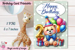 Teddy bear 2nd Happy Birthday Card, Printable png Product Image 1