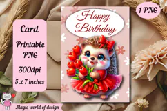 Happy Birthday Printable card png, Hedgehog With Flowers Product Image 1