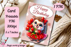 Happy Birthday Printable card png, Hedgehog With Flowers Product Image 2