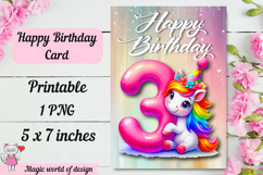 Unicorn 3th Happy Birthday Card, Printable png Product Image 2