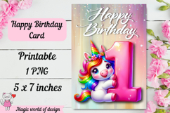 Unicorn 1th Happy Birthday Card, Printable png Product Image 3