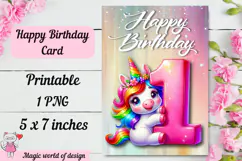 Unicorn 1th Happy Birthday Card, Printable png Product Image 3