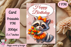 Happy Birthday Printable card png, Raccoon With Flowers Product Image 1
