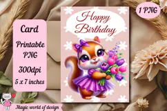 Happy Birthday Printable card png, Squirrel With Flowers Product Image 2