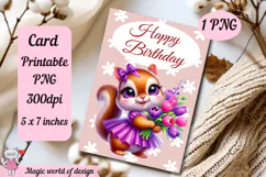 Happy Birthday Printable card png, Squirrel With Flowers Product Image 1